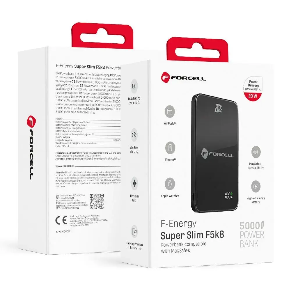 Forcell F-Energy SuperSlim F5K8 väline akupank (powerbank) | 5 000 mAh | 15W | PD, QC | USB-C, MagSafe, Apple Watch | must