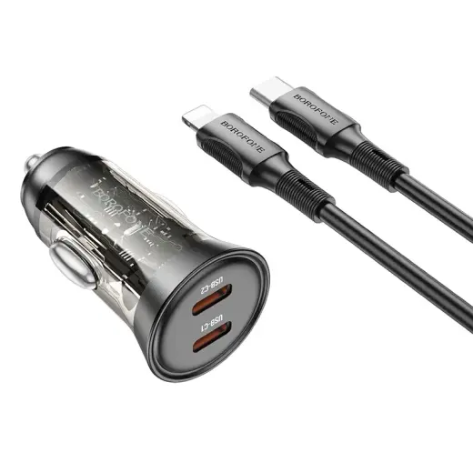 Borofone BZ26B Discovery car charger | 45W | PD, QC | USB-C, Lightning | with Type-C to Lightning cable included | transparent-black