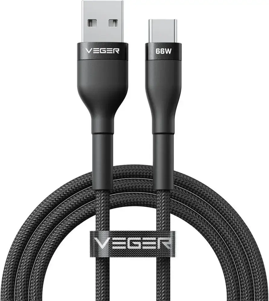 Veger AC04 datu pārraides un uzlādes vads | USB-A uz USB-C | 66W | 1.2m | melns