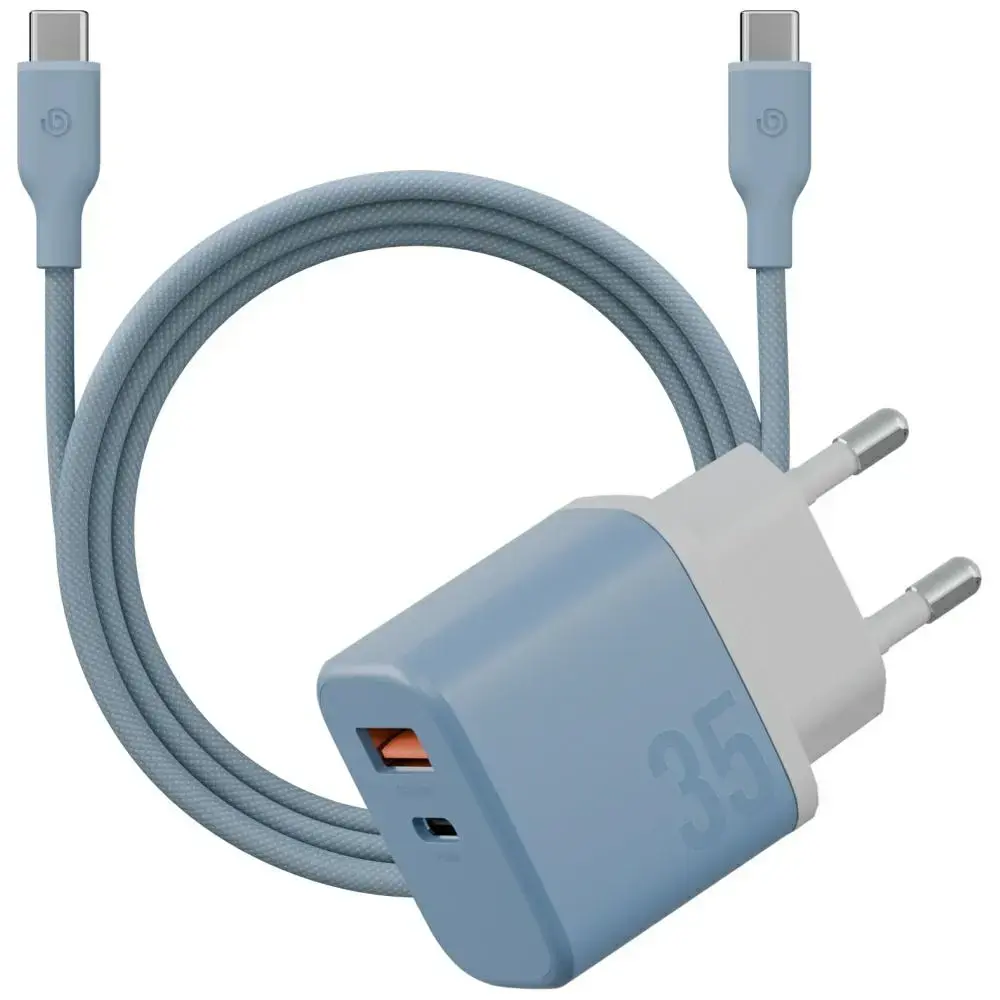 ENERGEA Bazic GoPort Velox Kit tīkla lādētājs | 35W | GaN | USB-C, USB-A | ar USB-C uz USB-C vadu komplektā | zils