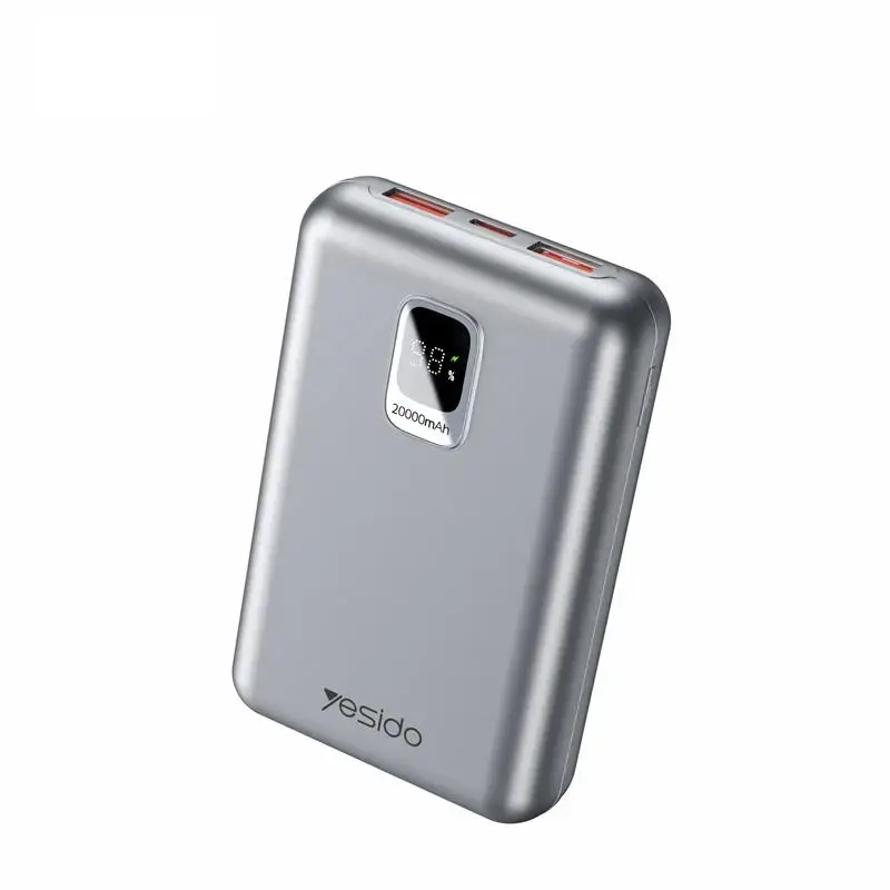 yesido YP47 ārējais akumulators (powerbank) | 20 000 mAh | 22.5W | PD | USB-A, USB-C | LED ekrāns | sudraba krāsā