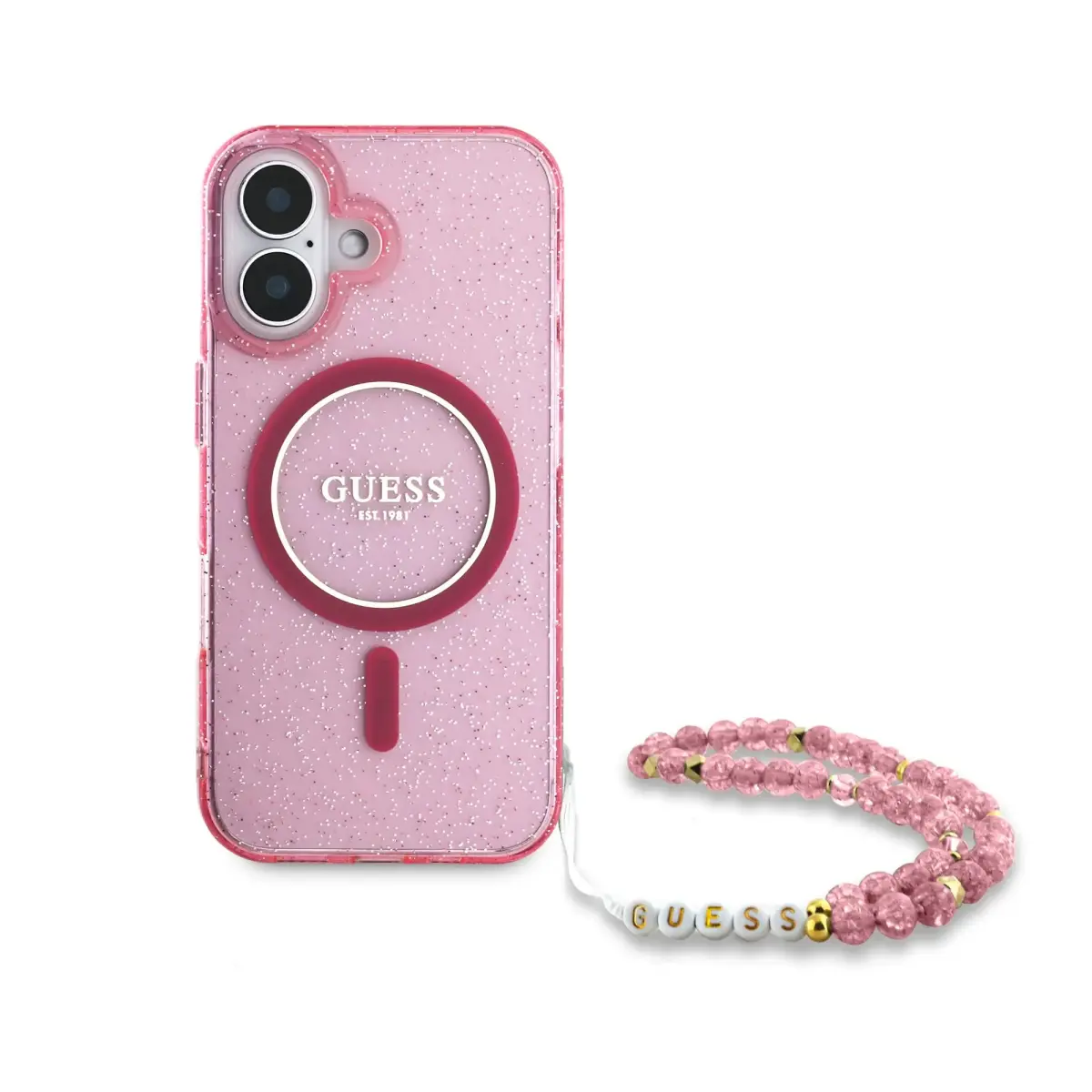 Guess IML Glitter Strap MagSafe Case for iPhone 16 Plus Pink