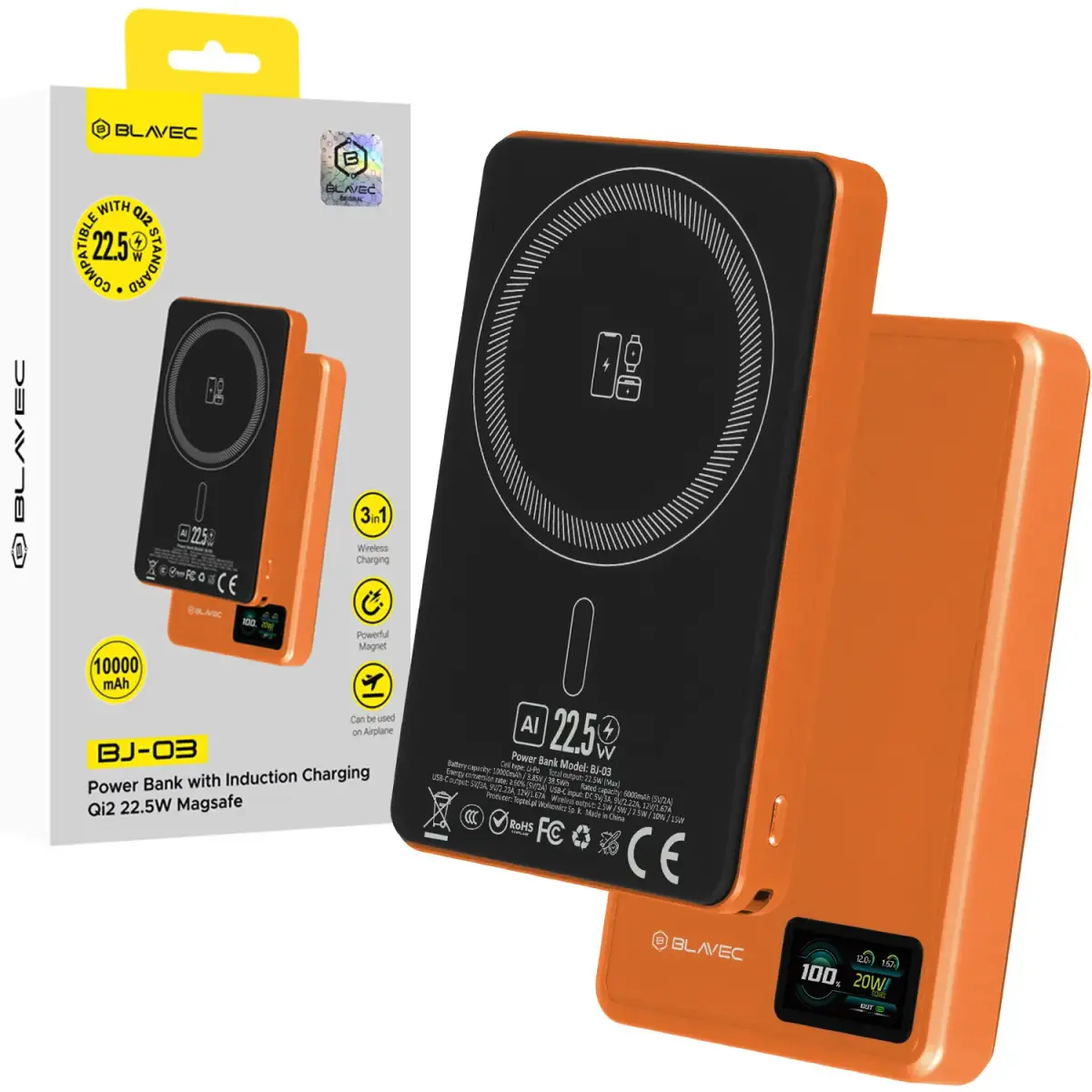 Blavec BJ-03 Slim ārējais akumulators (powerbank) | 10 000 mAh | 22.5W | USB-C, MagSafe, Wireless | oranžs