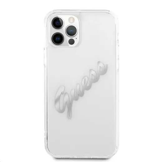 GUHCP12MKTRSVSI Guess PU Vintage Script Silver Logo Case for iPhone 12|12 Pro Transparent