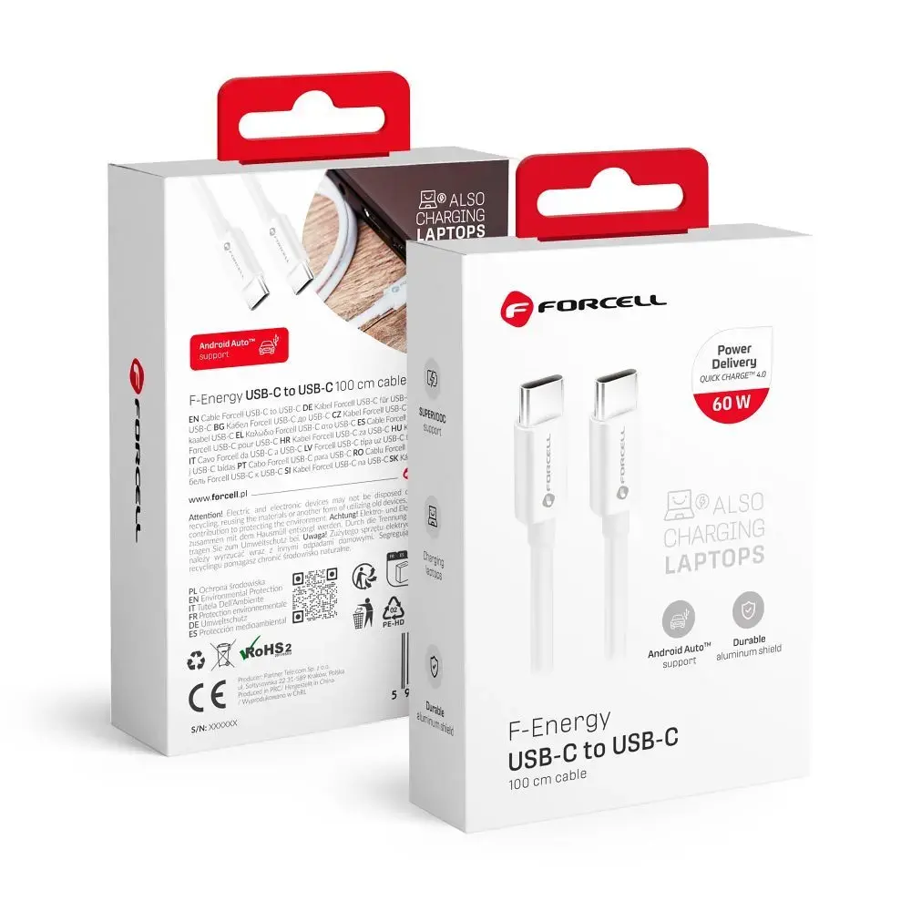 Forcell C338 datu pārraides un uzlādes vads | USB-C uz USB-C | QC 4.0, PD | 60W | 1m | balts