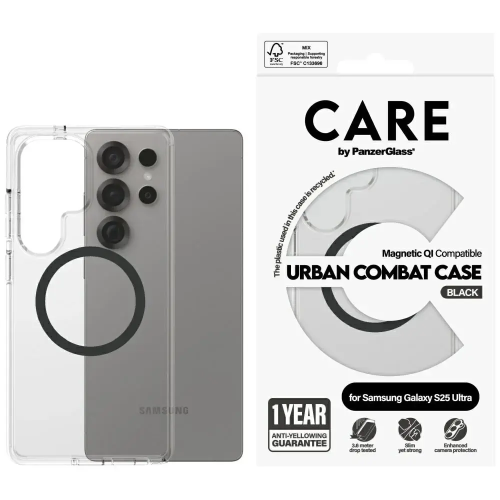 Etui CARE by PanzerGlass Flagship Urban   Combat QI do Samsung Galaxy S25 Ultra przezroczysty-czarny