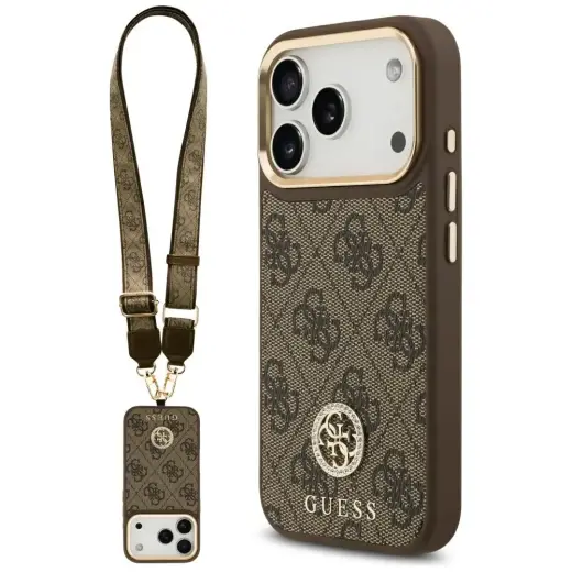 Guess 4G Strass Logo & Big Strap Metal Buttons MagSafe Case for iPhone 17 Pro Brown