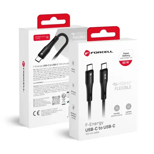 Forcell F-Energy C344 datu pārraides un uzlādes vads | USB-C uz USB-C | QC 4.0, PD | 60W | 1m | melns