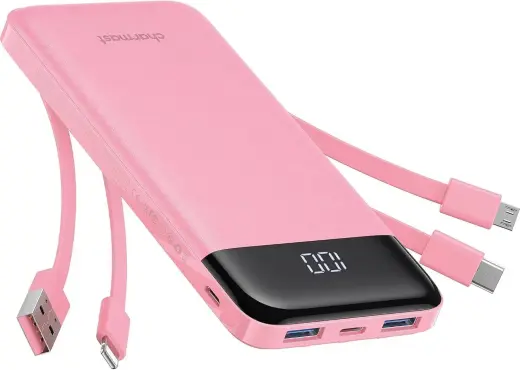 Powerbank 5V 3A 10000 mAh with built-in cables USB A / USB C / Lightning / Micro USB Charmast W1148 pink