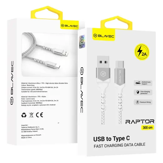 Blavec Raptor CRA-UC2WS30 duomenų perdavimo ir įkrovimo laidas | USB-A į USB-C | 10W | 3m | baltas, sidabrinis