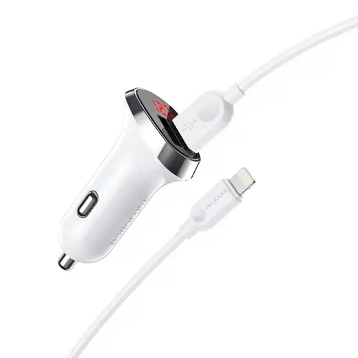 Borofone BZ15 Auspicious car charger | 12W | USB-A, Lightning | with Lightning cable included | with digital display | white