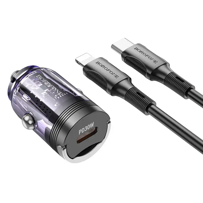 Borofone BZ29 Ray car charger | 30W | PD, QC | USB-C, Lightning | with Type-C to Lightning cable included | transparent-purple