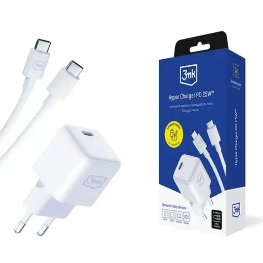 3MK Hyper Charger tīkla lādētājs | 25W | PD | USB-C | balts | ar USB-C uz USB-C vadu komplektā