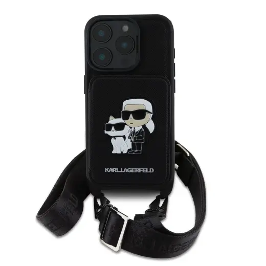 Karl Lagerfeld Saffiano Crossbody Strap Karl and Choupette grāmatveida maciņš telefonam iPhone 16 Pro Max melns