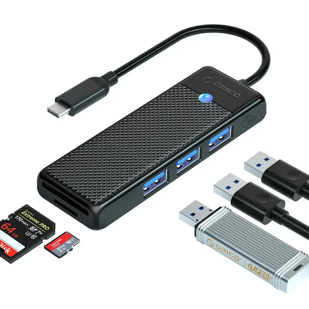 Orico PAPW3AT-U3 USB Hub 4-port 3x USB-A 3.0 with microSD/SD card reader 1.8 m - black