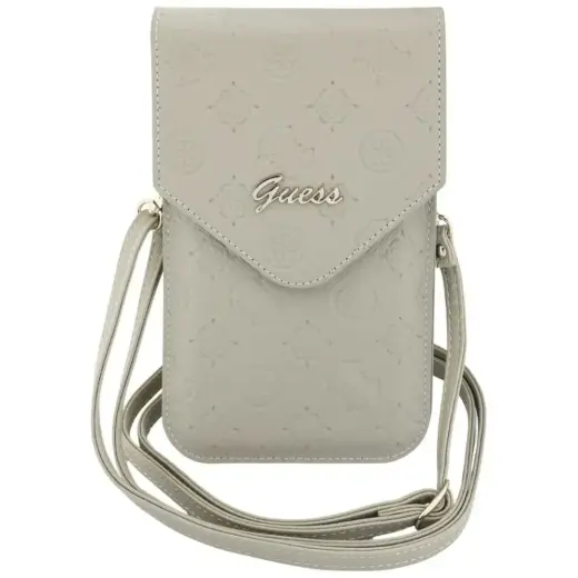 Guess Hot Stamped Peony Leather Phone Bag with Metal Classic Logos & Strap – Beige