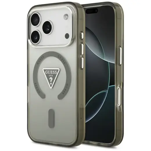 Guess IML Gradient With Print Triangle Logo & Silver Metal Camera Buttons maciņš ar MagSafe atbalstu telefonam iPhone 17 Pro Max bēšs