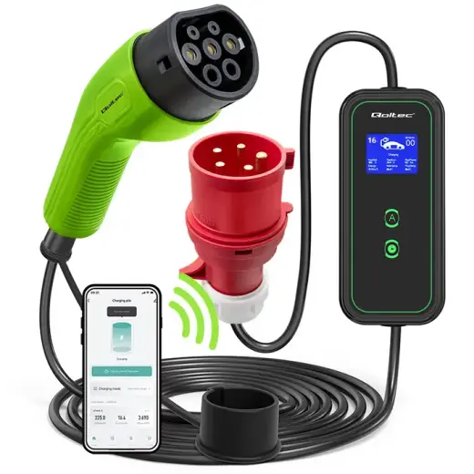 Qoltec Mobile EV charger with adjustable 2in1 Type2 | 11kW | CEE 32A | Wi-fi | LCD | 3 phase | Portable | Wallbox | 5m