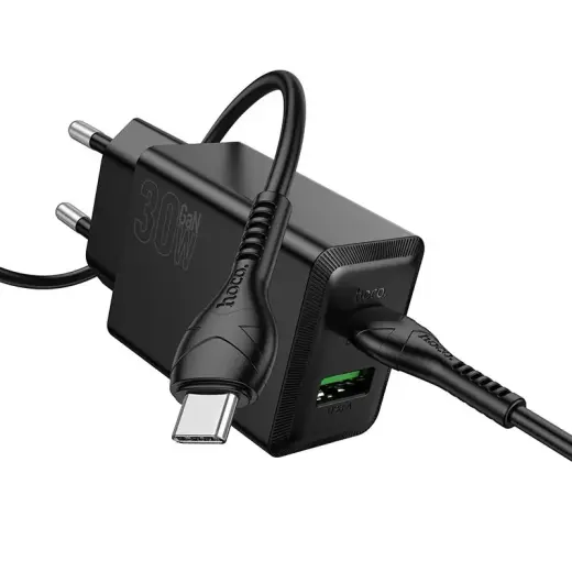 HOCO N71 tīkla lādētājs | 30W | PD, QC | USB-C, USB-A | ar USB-C uz USB-C vadu komplektā | melns