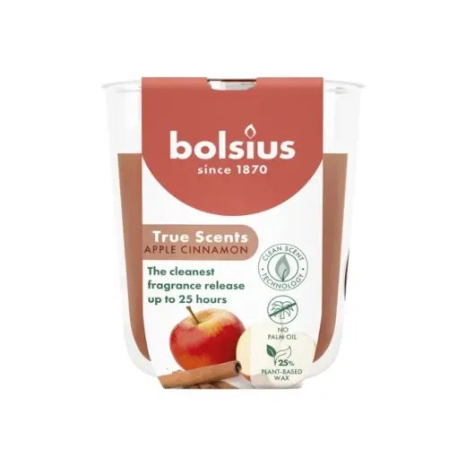 Aromatinė žvakė. Stiklinė. „True Scents“ Ø80x73mm, obuolių ir cinamono skonio.