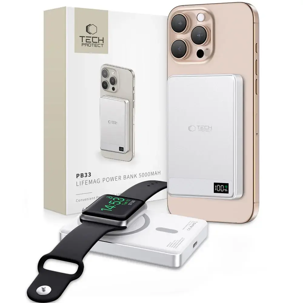 Tech-Protect PB33 LifeMag ārējais akumulators (powerbank) | 5000 mAh | 15W | USB-C, MagSafe | LED ekrāns | sudraba krāsā