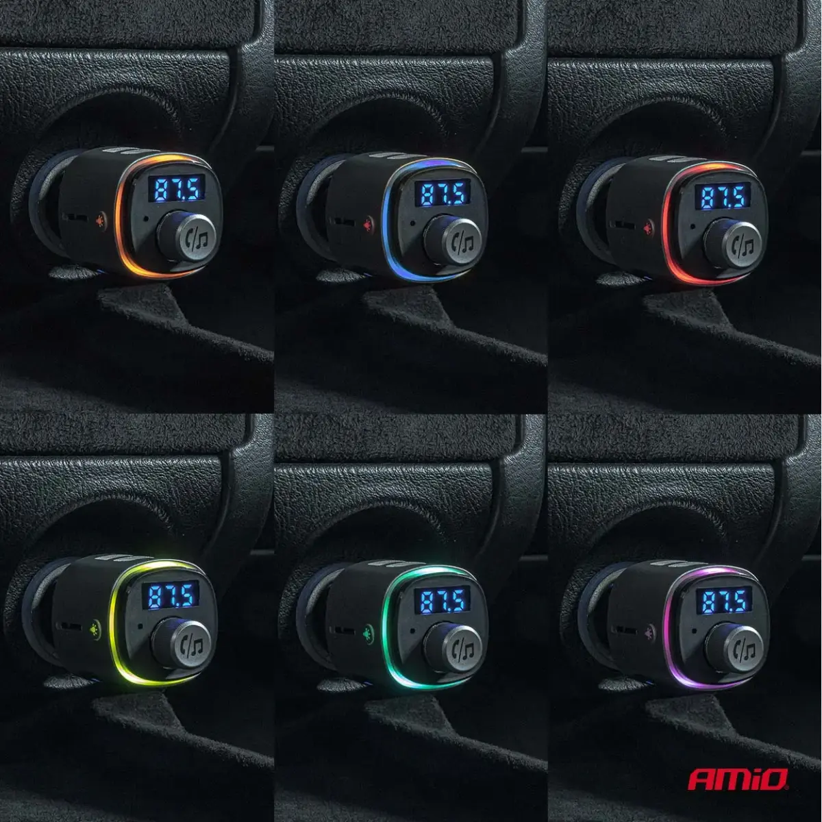 Car FM Transmitter 2×USB-A microSD 12V 24V AMIO-04654
