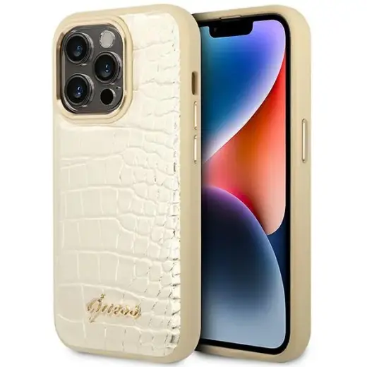 Guess GUHCP14LHGCRHD Croco Collection maciņš telefonam iPhone 14 Pro zelta krāsā