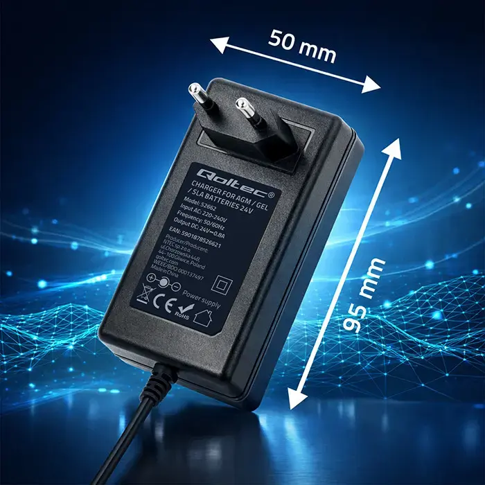 Qoltec 52662 automātiskais lādētājs AGM GEL STD akumulatoriem | 24 V lādētājs | 19,2 W | 5,5x2,1 | 1,8 m kabelis
