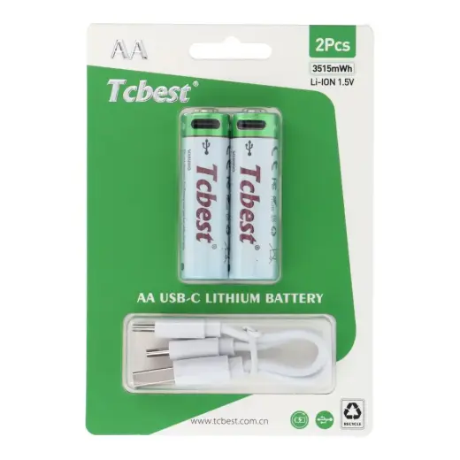 TCBEST rechargable battery R6 (AA) 950 mAh with socket Type C + cable USB A to 2 x Type C 2 pcs