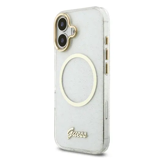 Guess IML Glitter Script Strap maciņš ar MagSafe atbalstu telefonam iPhone 17 caurspīdīgs