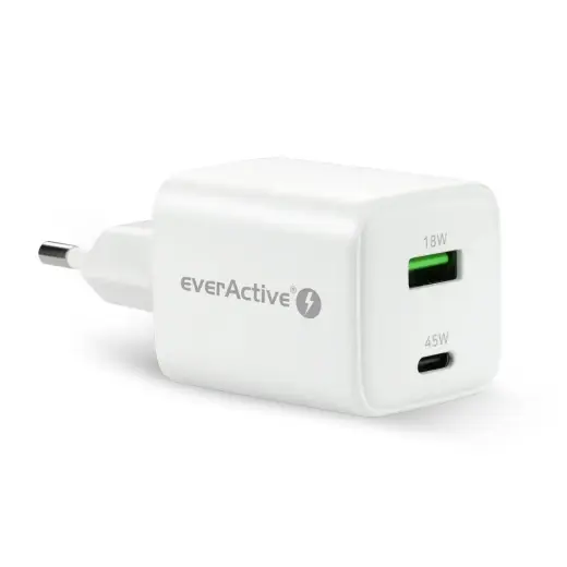 PHONE CHARGER GAN 1X US B, 1X USB-C 45W WHITE