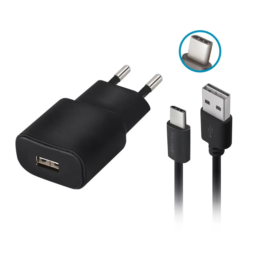 Forever TC-01 tīkla lādētājs | 10W | USB-A | USB-C vads komplektā | melns