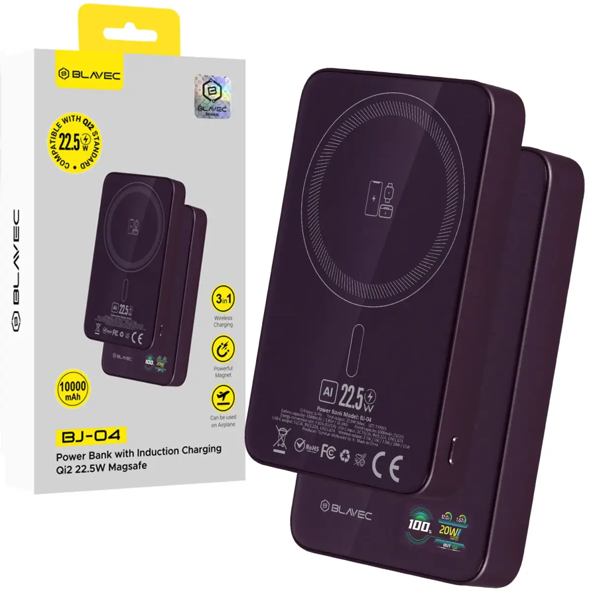 Blavec BJ-04 Slim 13.5mm 3-in-1 (PBBJ04-MC5P) Power Bank | 10,000 mAh | 22.5W | USB-C, Wireless, MagSafe | purple
