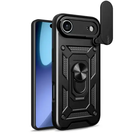 Hybrid Armor Camshield telefono dėklas su stovu iPhone 17 Air juodas (su kameros apsauga)