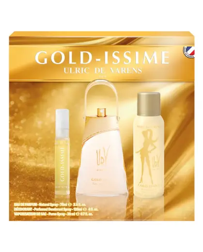 Set Ulric De Varens: Gold Issime, Eau De Parfum, For Women, 75 ml + Gold Issime, Eau De Parfum, For Women, 20 ml + Gold Issime, Deodorant Spray, For Women, 125 ml