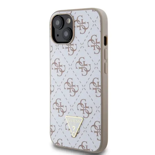 Guess PU Leather 4G Triangle Metal Logo Case for iPhone 15 White