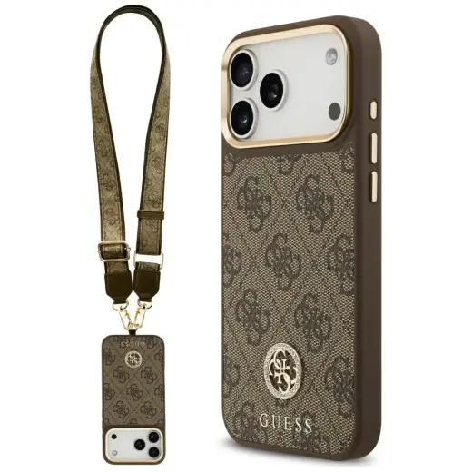 Etui Guess 4G Strass Logo & Big Strap     Metal Buttons MagSafe do iPhone 17 Pro Max brązowy