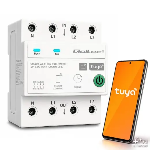 Qoltec Three-phase 63A relay for DIN rail | 3P+N | Timer | Wi-Fi | Tuya | Smart Life | Amazon Alexa | 4P 