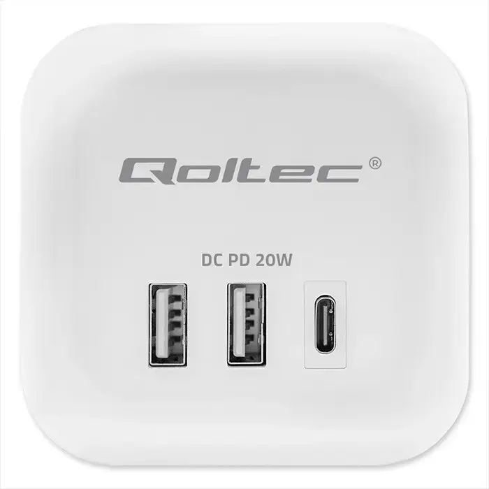 Qoltec Power cube 6-in-1 extension cord with illuminated switch | 3x AC | 2x USB | 1x USB-C PD 20W | White