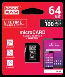 GOODRAM Memory MicroSD Card - 64GB with adapter UHS I CLASS 10 100MB/s
