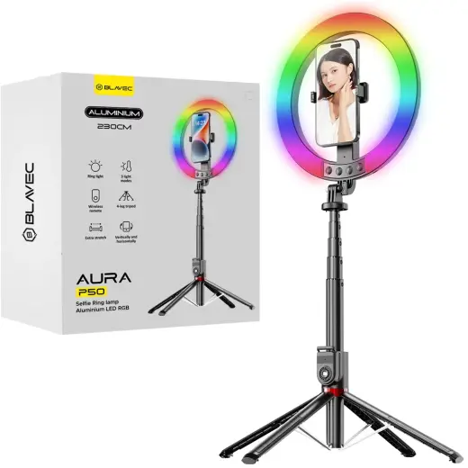 Blavec Selfie Ring lamp Aluminium Aura LED RGB Ring P50 25cm tripod + remote control + 2,3 metres (RLP50-TRB23) black