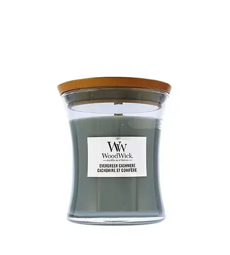 WoodWick Evergreen Cashmere scented candle with wooden wick 275 g