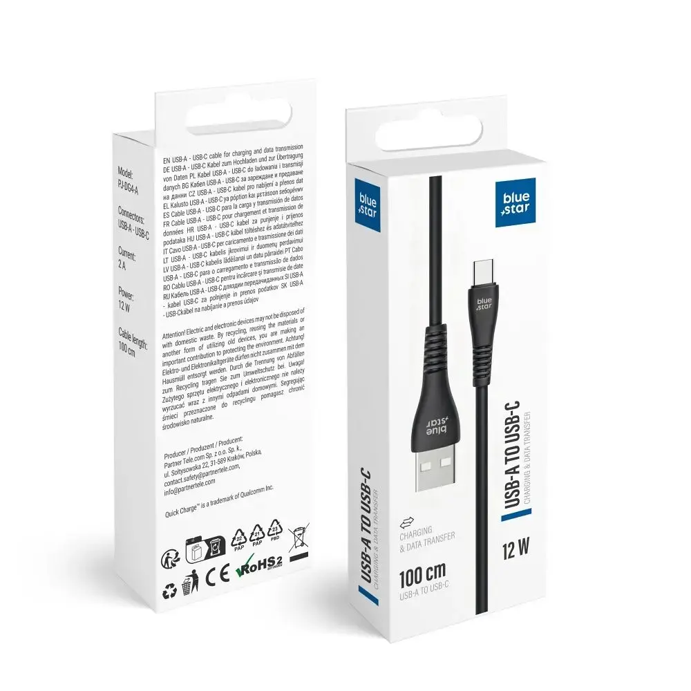 Blue Star PJ-DG4-A datu pārraides un uzlādes vads | USB-A uz USB-C | 12W | 1m | melns