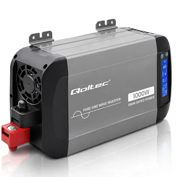 Qoltec Pure Sine Wave Inverter | 12V to 230V | 500/1000W | LCD | USB | USC-C | Compatible with LiFePO4 GEL AGM