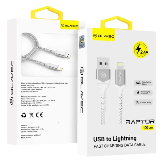 Blavec Cable Raptor braided - USB to Lightning - 2,4A 1 metre (CRA-UL24WS10) white-silver