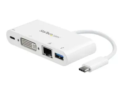 StarTech.com USB C Multiport Adapter to DVI-D (Digital) Video - 60W PD Passthrough|GbE|USB-A - Portable USB Type-C|Thunderbolt 3 Mini Dock - external video adapter - white