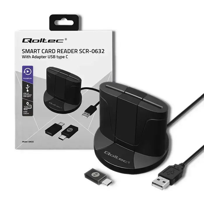 Qoltec Intelligent Smart ID chip card reader SCR-0632 | USB 2.0 + USB-C Adapter