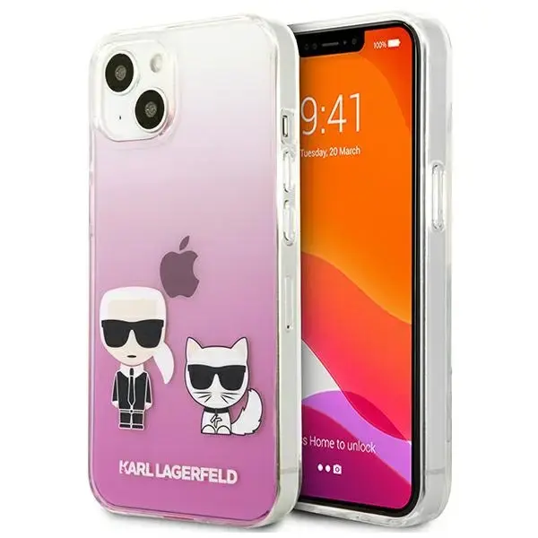 KLHCP13MCKTRP Karl Lagerfeld PC|TPU Ikonik Karl and Choupette Case for iPhone 13 Pink