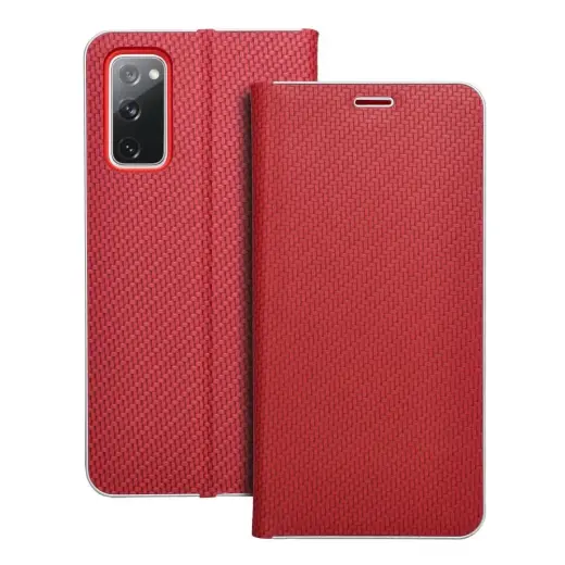 LUNA Book Carbon knygelės tipo telefono dėklas, skirtas Samsung Galaxy S20 FE (G780) | S20 FE 5G (G781), raudonas