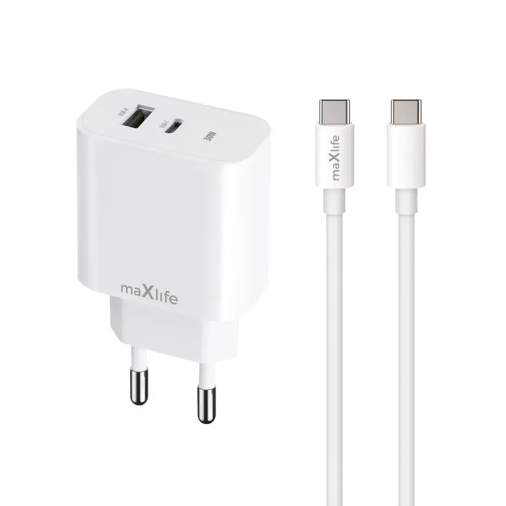 Maxlife MXTC-06-30AC tīkla lādētājs | 30W | PD, QC | USB-C, USB-A | USB-C uz USB-C vads komplektā | balts